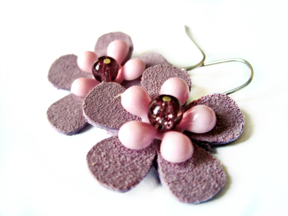 Pink and purple suede flower earrings