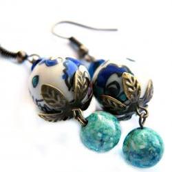 Asian design porcelain earrings in blue and green