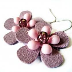 Pink and purple suede flower earrings